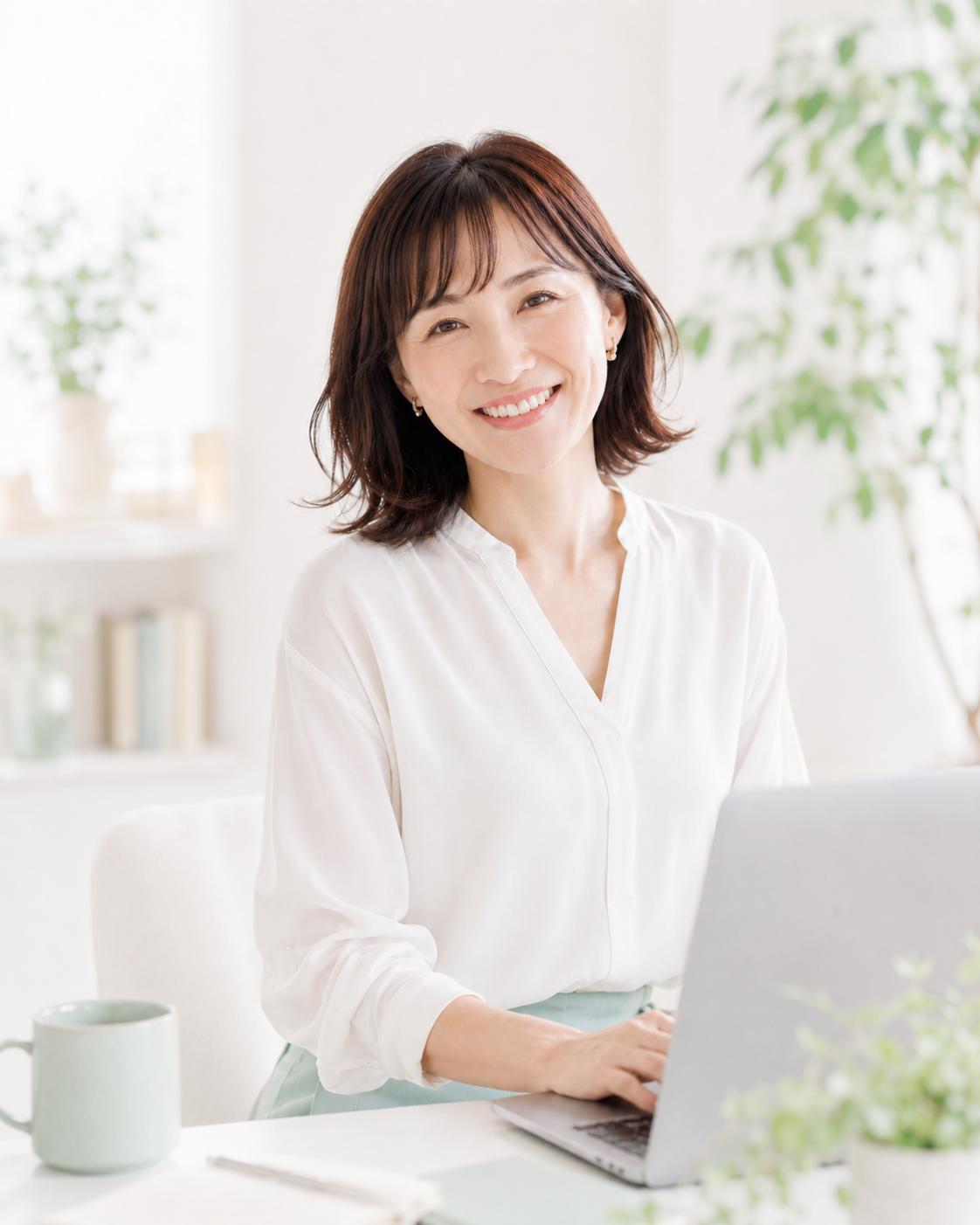 セミナー講師がノートパソコンの前で微笑んでいる様子