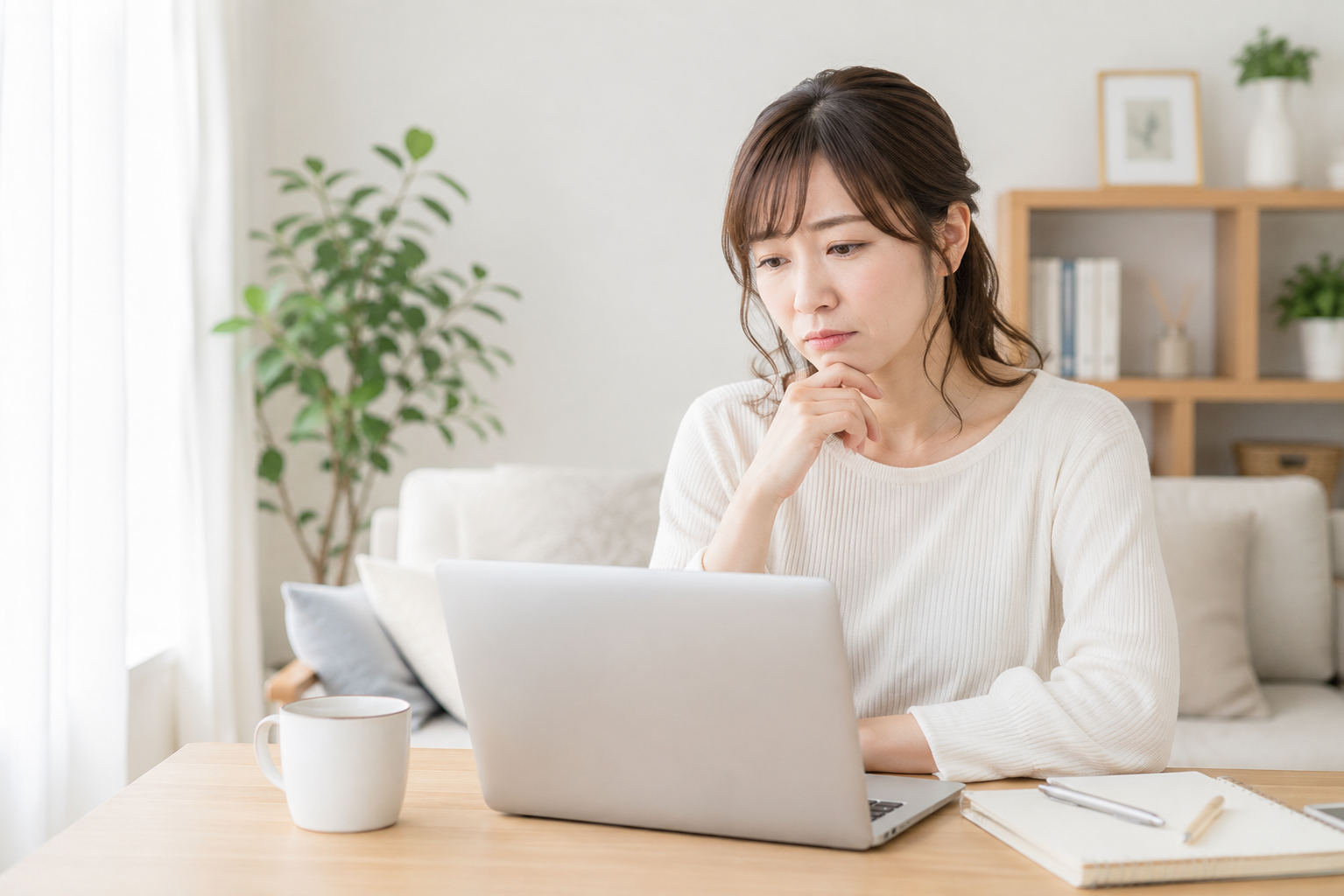 在宅ワークについて悩みながらパソコンを見る女性